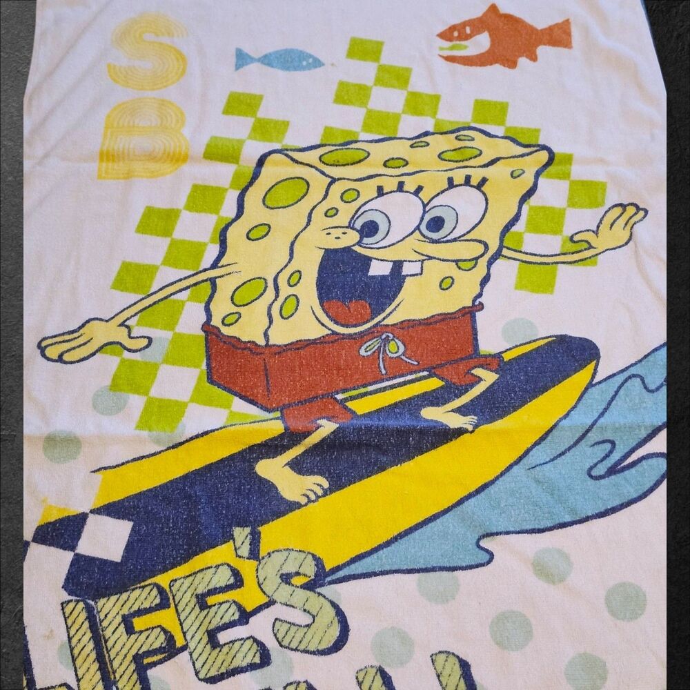 Vintage SpongeBob Beach Towel Lifes Swell Surf Nickelodeon 2000s 27x52 Surfer